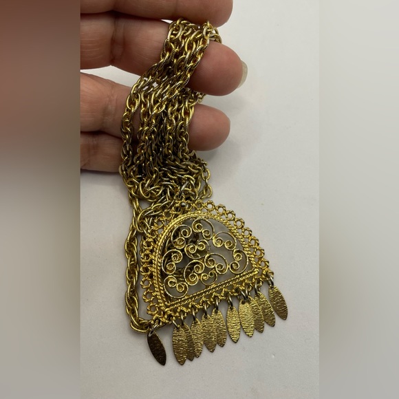 Vintage Multi Chain Gold Tone Necklace Ornate Scroll Open Work Pendant & Dangles - Picture 5 of 5